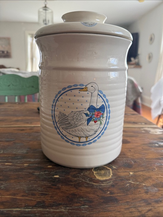 Other - Cream Ceramic Goose Canister with Blue Accents